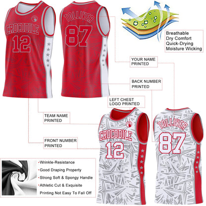Custom Red Gray-White Side Panel Stripe Stars Geometric Shatter Starburst Reversible Double Side Sublimation Basketball Set Jersey