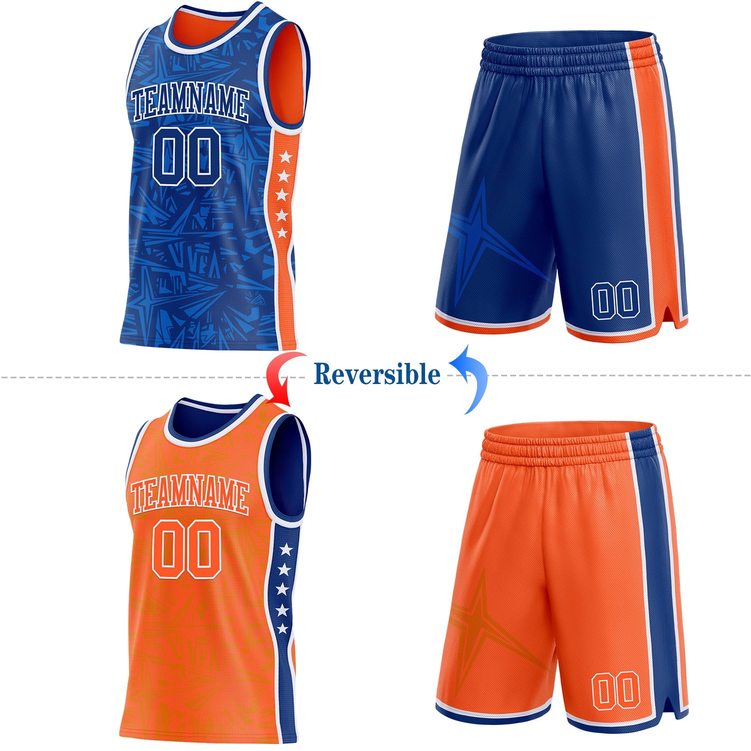 Custom Royal White-Orange Side Panel Stripe Stars Geometric Shatter Starburst Reversible Double Side Sublimation Basketball Set Jersey