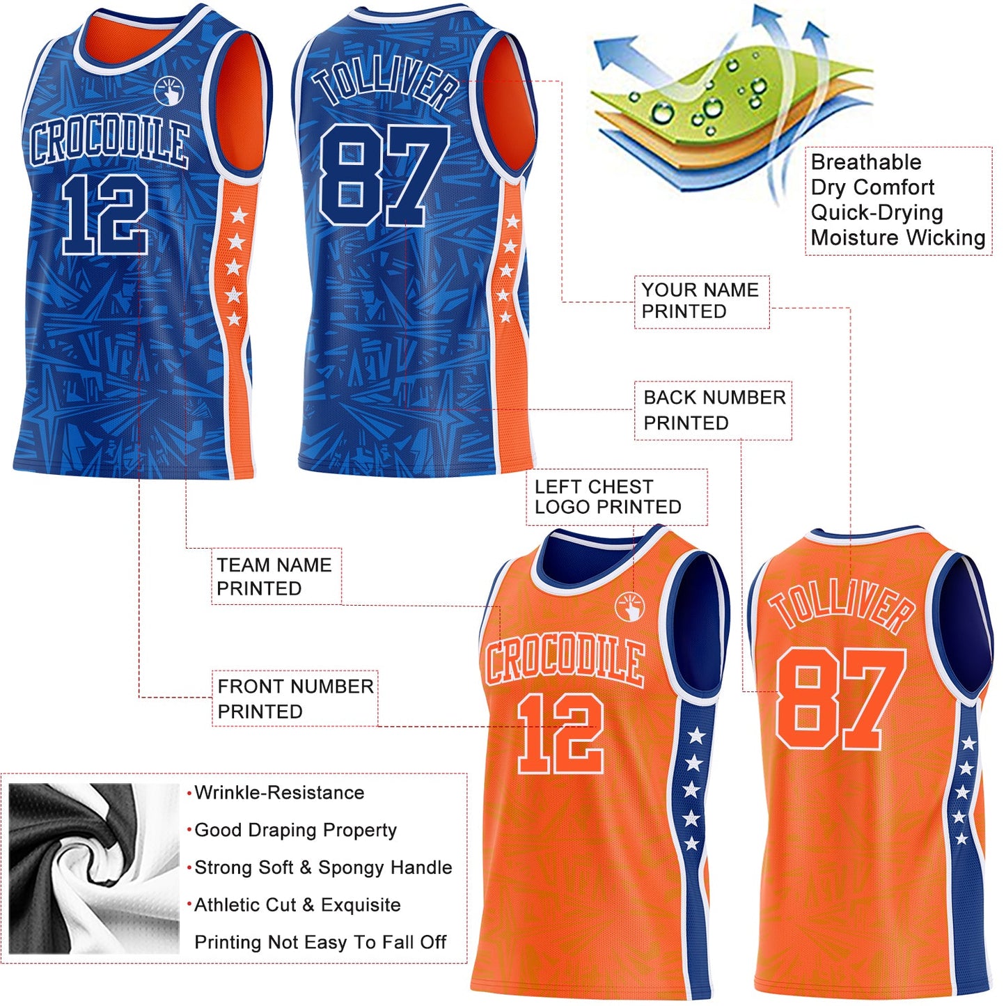 Custom Royal White-Orange Side Panel Stripe Stars Geometric Shatter Starburst Reversible Double Side Sublimation Basketball Set Jersey