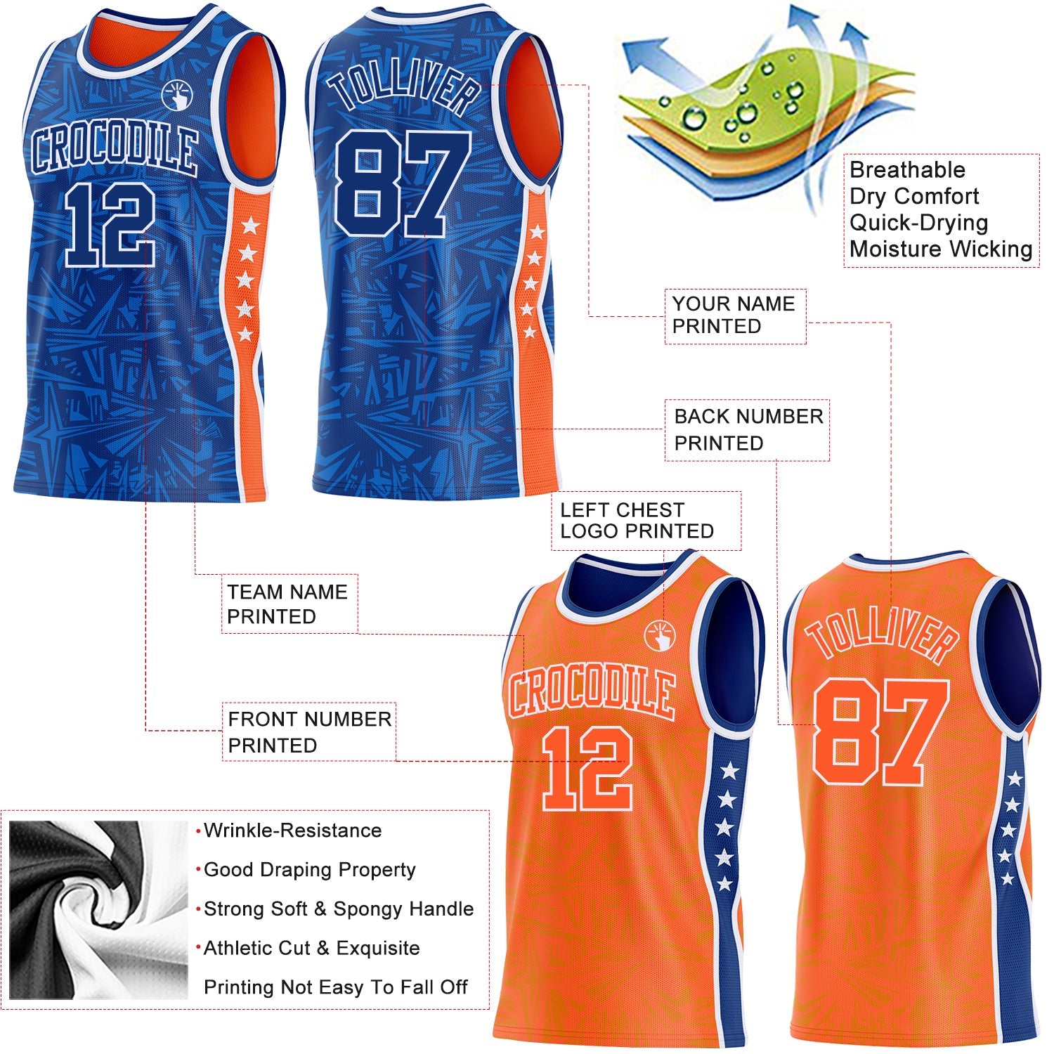 Custom Royal White-Orange Side Panel Stripe Stars Geometric Shatter Starburst Reversible Double Side Sublimation Basketball Set Jersey