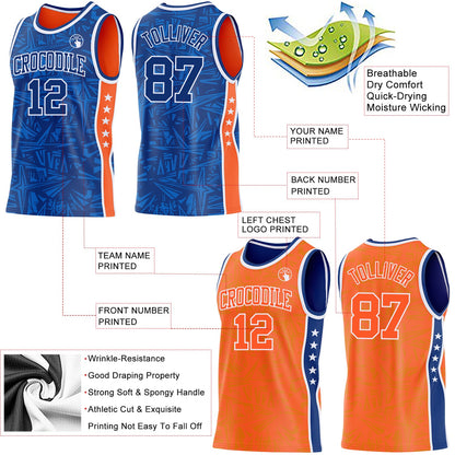 Custom Royal White-Orange Side Panel Stripe Stars Geometric Shatter Starburst Reversible Double Side Sublimation Basketball Set Jersey
