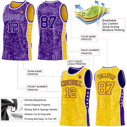 Custom Purple White-Gold Side Panel Stripe Stars Geometric Shatter Starburst Reversible Double Side Sublimation Basketball Set Jersey