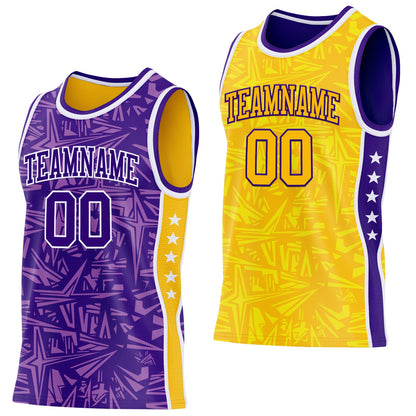 Custom Purple White-Gold Side Panel Stripe Stars Geometric Shatter Starburst Reversible Double Side Sublimation Basketball Set Jersey