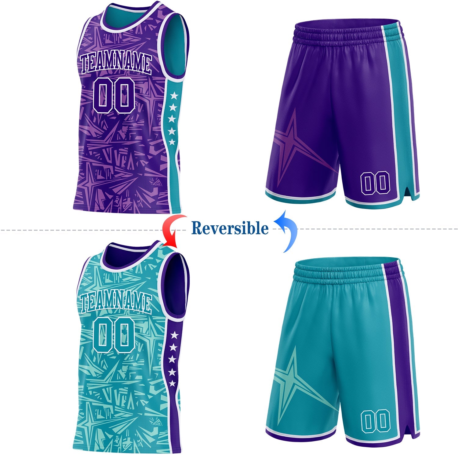 Custom Purple White-Teal Side Panel Stripe Stars Geometric Shatter Starburst Reversible Double Side Sublimation Basketball Set Jersey