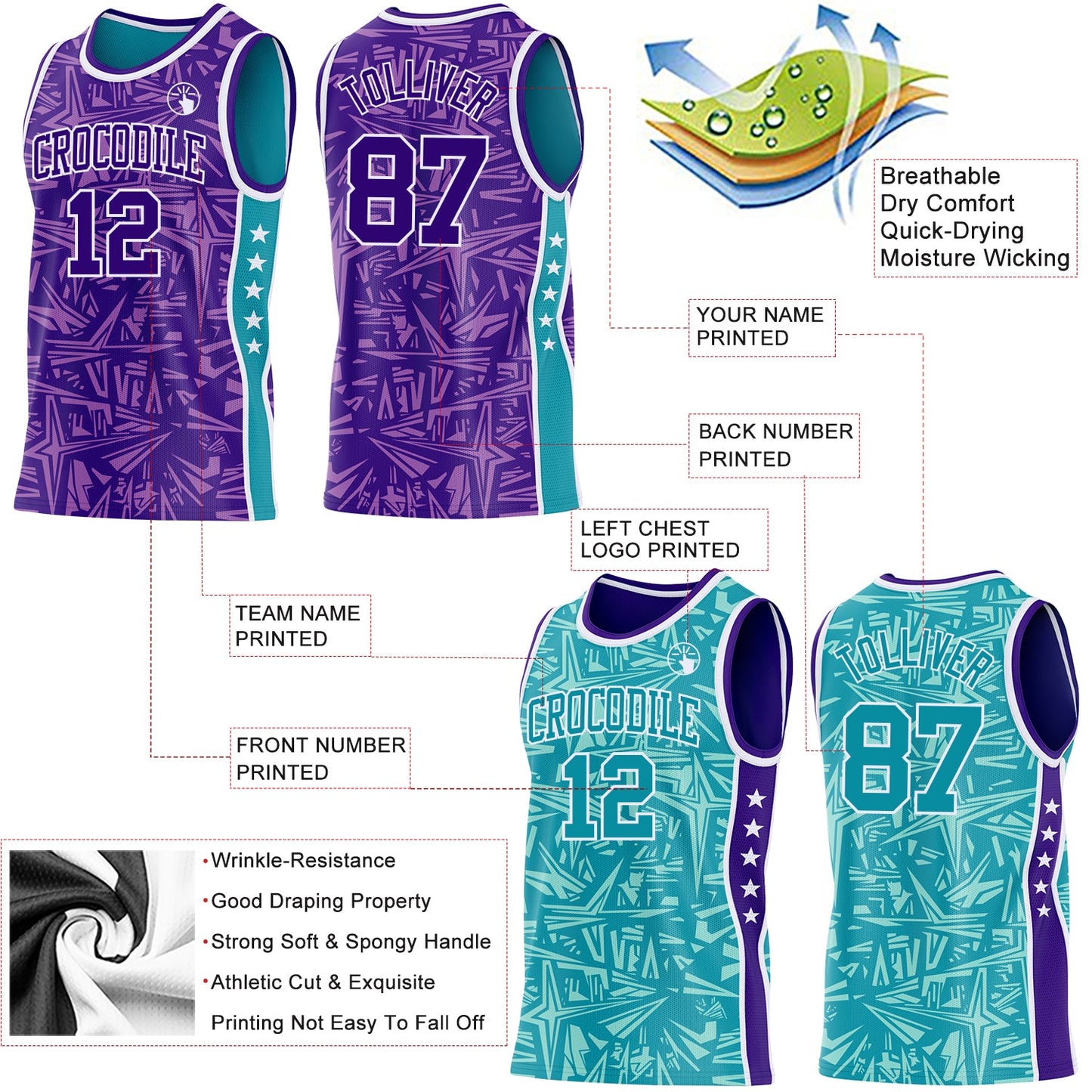 Custom Purple White-Teal Side Panel Stripe Stars Geometric Shatter Starburst Reversible Double Side Sublimation Basketball Set Jersey