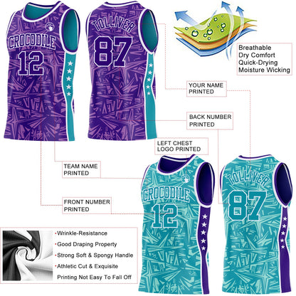 Custom Purple White-Teal Side Panel Stripe Stars Geometric Shatter Starburst Reversible Double Side Sublimation Basketball Set Jersey