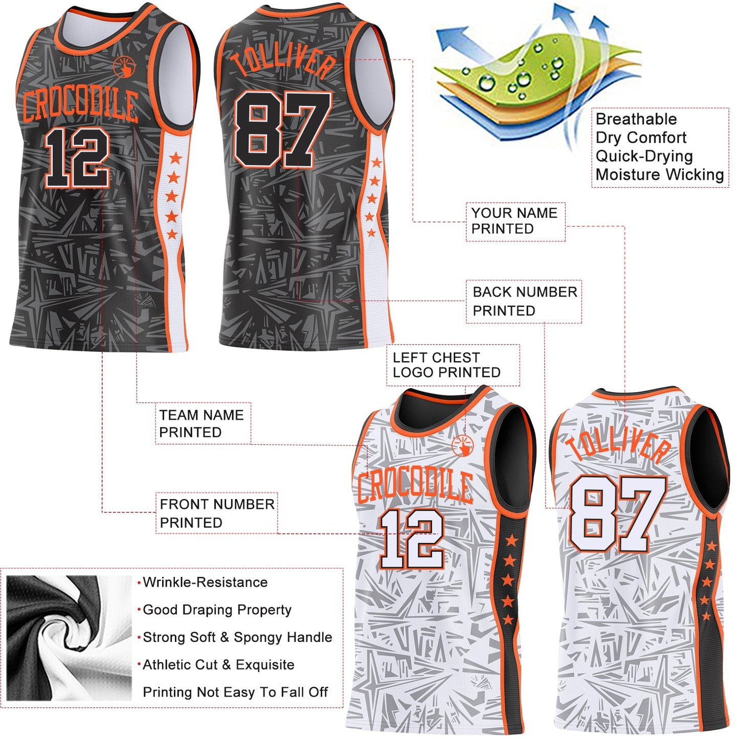 Custom Black White-Orange Side Panel Stripe Stars Geometric Shatter Starburst Reversible Double Side Sublimation Basketball Set Jersey