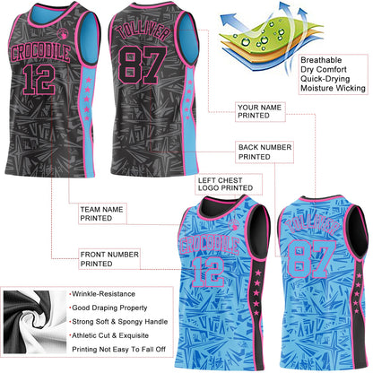 Custom Black Pink-Sky Blue Side Panel Stripe Stars Geometric Shatter Starburst Reversible Double Side Sublimation Basketball Set Jersey