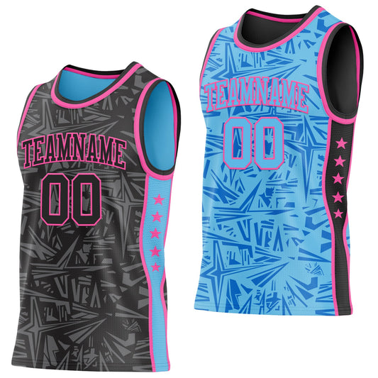 Custom Black Pink-Sky Blue Side Panel Stripe Stars Geometric Shatter Starburst Reversible Double Side Sublimation Basketball Set Jersey