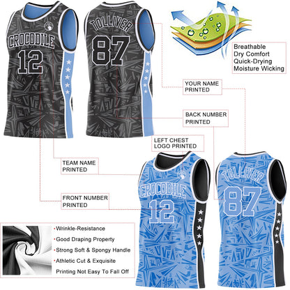 Custom Black White-Light Blue Side Panel Stripe Stars Geometric Shatter Starburst Reversible Double Side Sublimation Basketball Set Jersey