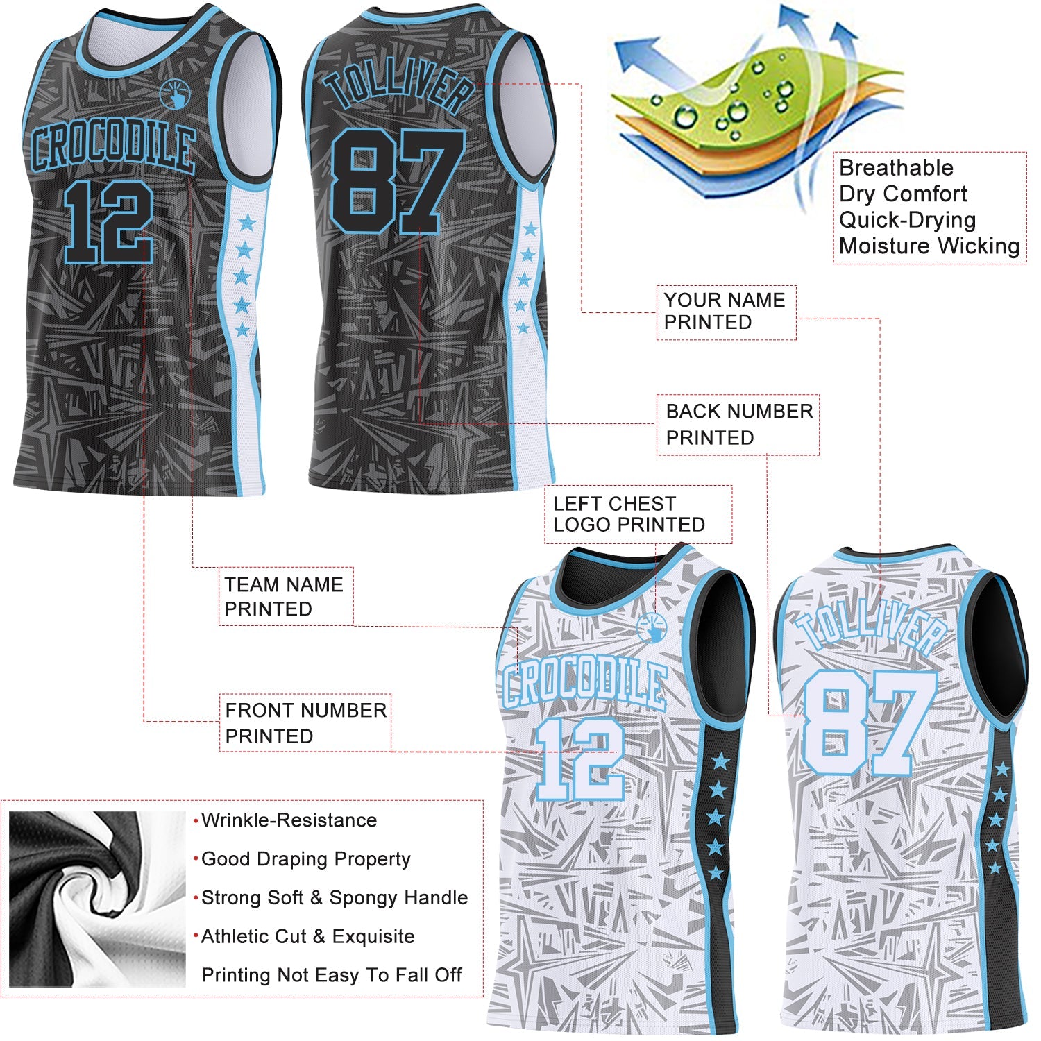 Custom Black Sky Blue-White Side Panel Stripe Stars Geometric Shatter Starburst Reversible Double Side Sublimation Basketball Set Jersey