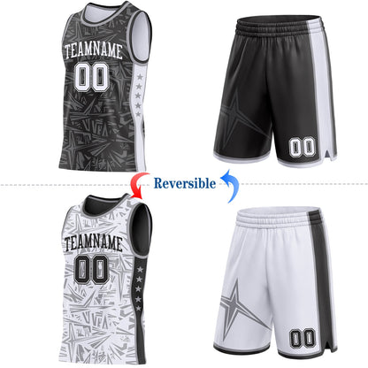 Custom Black White-Gray Side Panel Stripe Stars Geometric Shatter Starburst Reversible Double Side Sublimation Basketball Set Jersey
