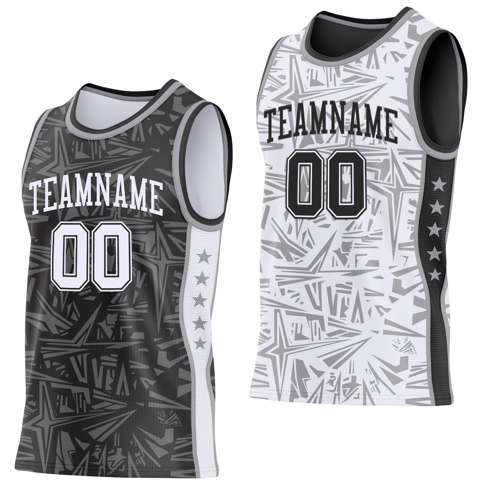 Custom Black White-Gray Side Panel Stripe Stars Geometric Shatter Starburst Reversible Double Side Sublimation Basketball Set Jersey