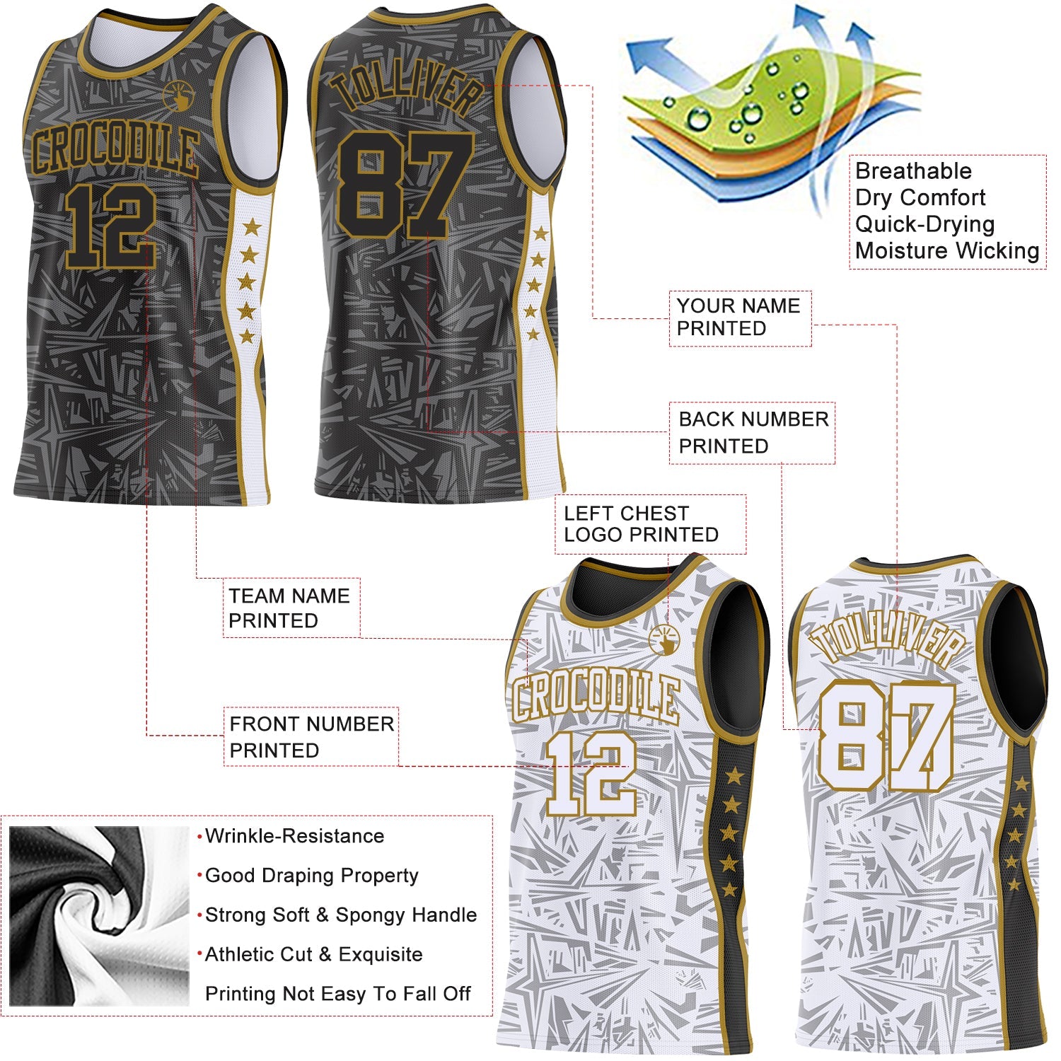 Custom Black Old Gold-White Side Panel Stripe Stars Geometric Shatter Starburst Reversible Double Side Sublimation Basketball Set Jersey