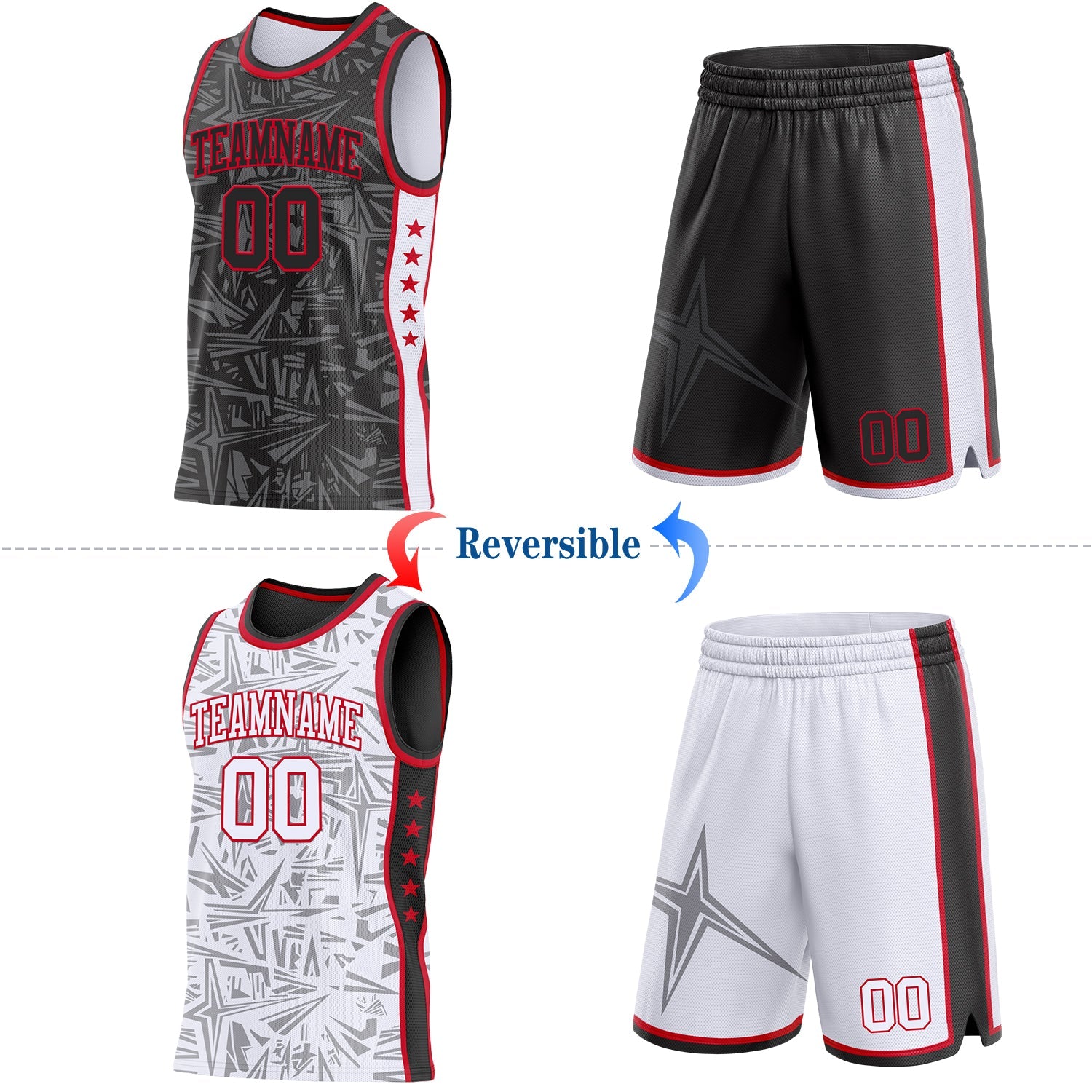 Custom Black Red-White Side Panel Stripe Stars Geometric Shatter Starburst Reversible Double Side Sublimation Basketball Set Jersey