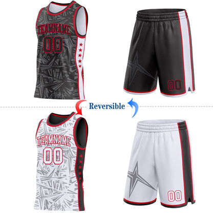 Custom Black Red-White Side Panel Stripe Stars Geometric Shatter Starburst Reversible Double Side Sublimation Basketball Set Jersey
