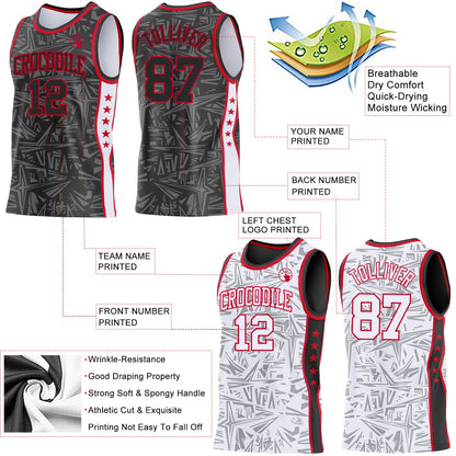 Custom Black Red-White Side Panel Stripe Stars Geometric Shatter Starburst Reversible Double Side Sublimation Basketball Set Jersey