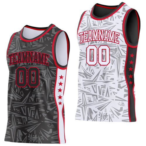 Custom Black Red-White Side Panel Stripe Stars Geometric Shatter Starburst Reversible Double Side Sublimation Basketball Set Jersey