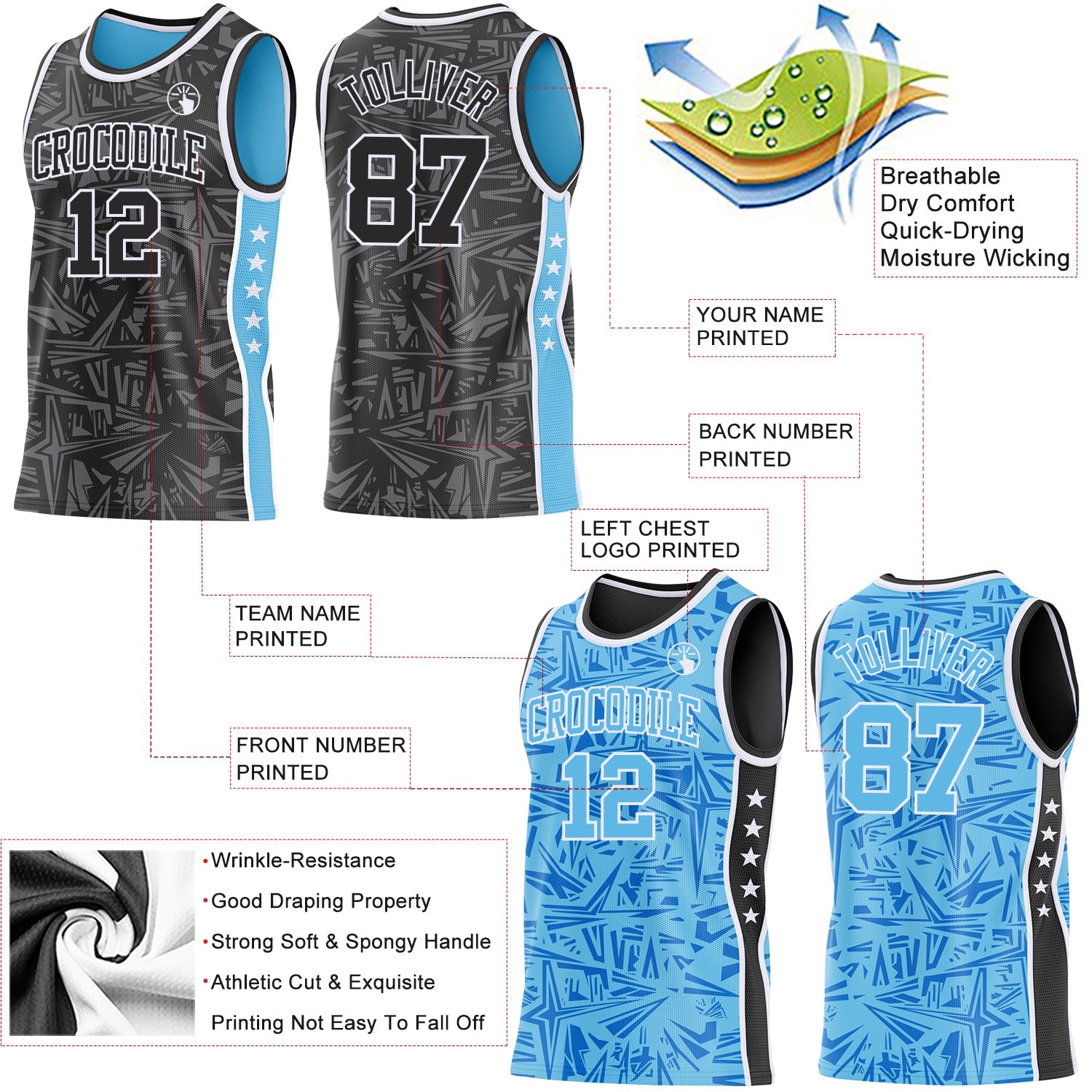 Custom Black White-Sky Blue Side Panel Stripe Stars Geometric Shatter Starburst Reversible Double Side Sublimation Basketball Set Jersey