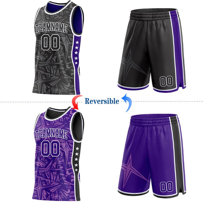 Custom Black White-Purple Side Panel Stripe Stars Geometric Shatter Starburst Reversible Double Side Sublimation Basketball Set Jersey