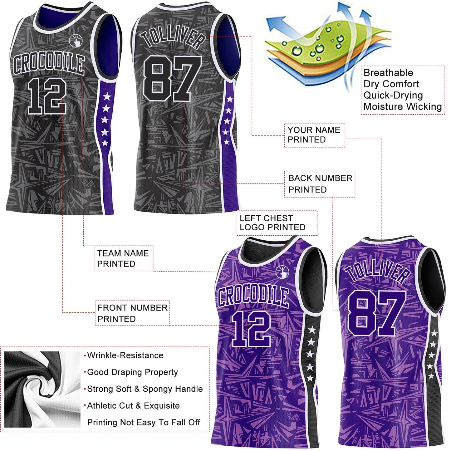 Custom Black White-Purple Side Panel Stripe Stars Geometric Shatter Starburst Reversible Double Side Sublimation Basketball Set Jersey