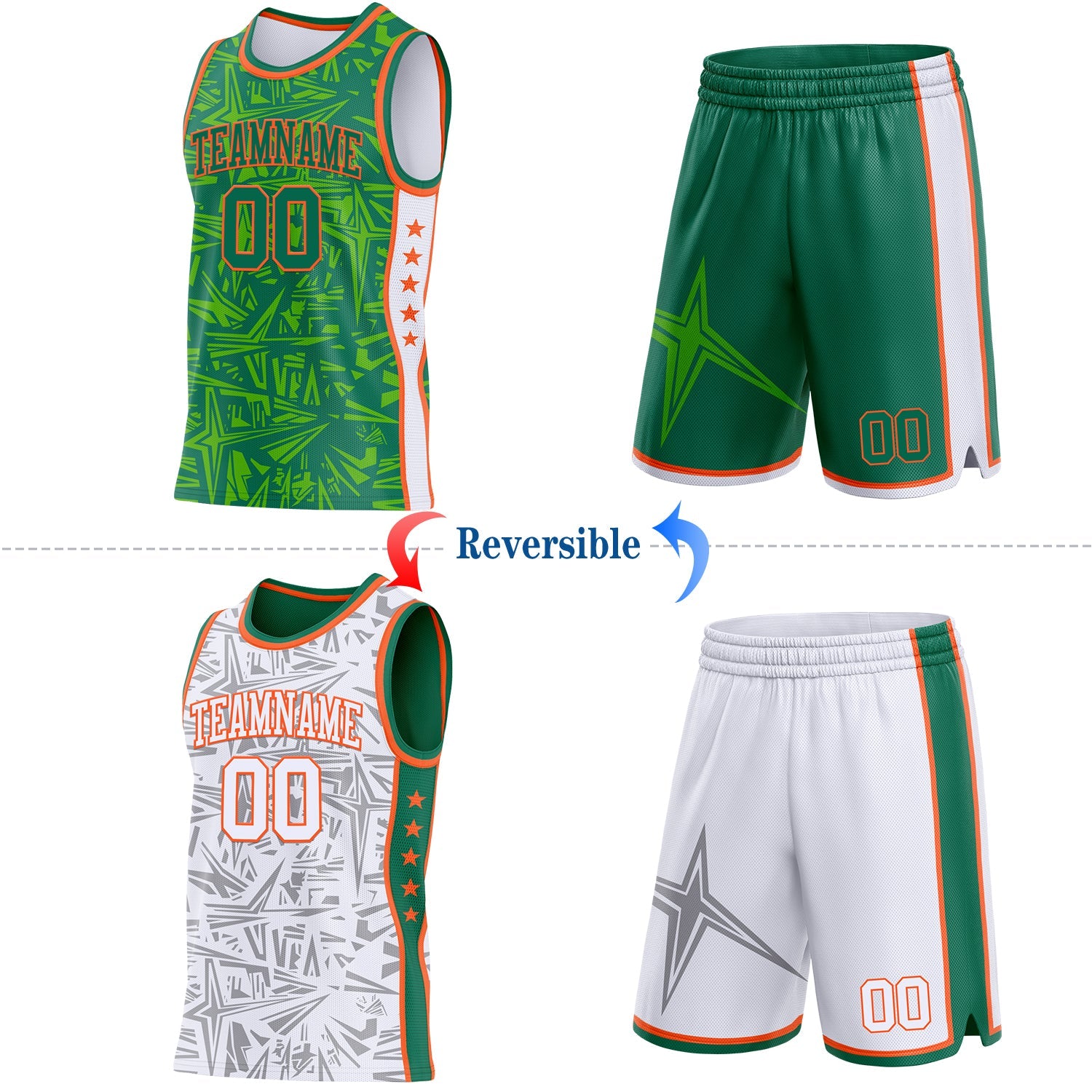 Custom Kelly Green Orange-White Side Panel Stripe Stars Geometric Shatter Starburst Reversible Double Side Sublimation Basketball Set Jersey