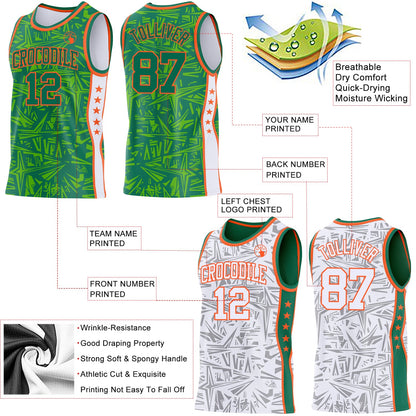 Custom Kelly Green Orange-White Side Panel Stripe Stars Geometric Shatter Starburst Reversible Double Side Sublimation Basketball Set Jersey