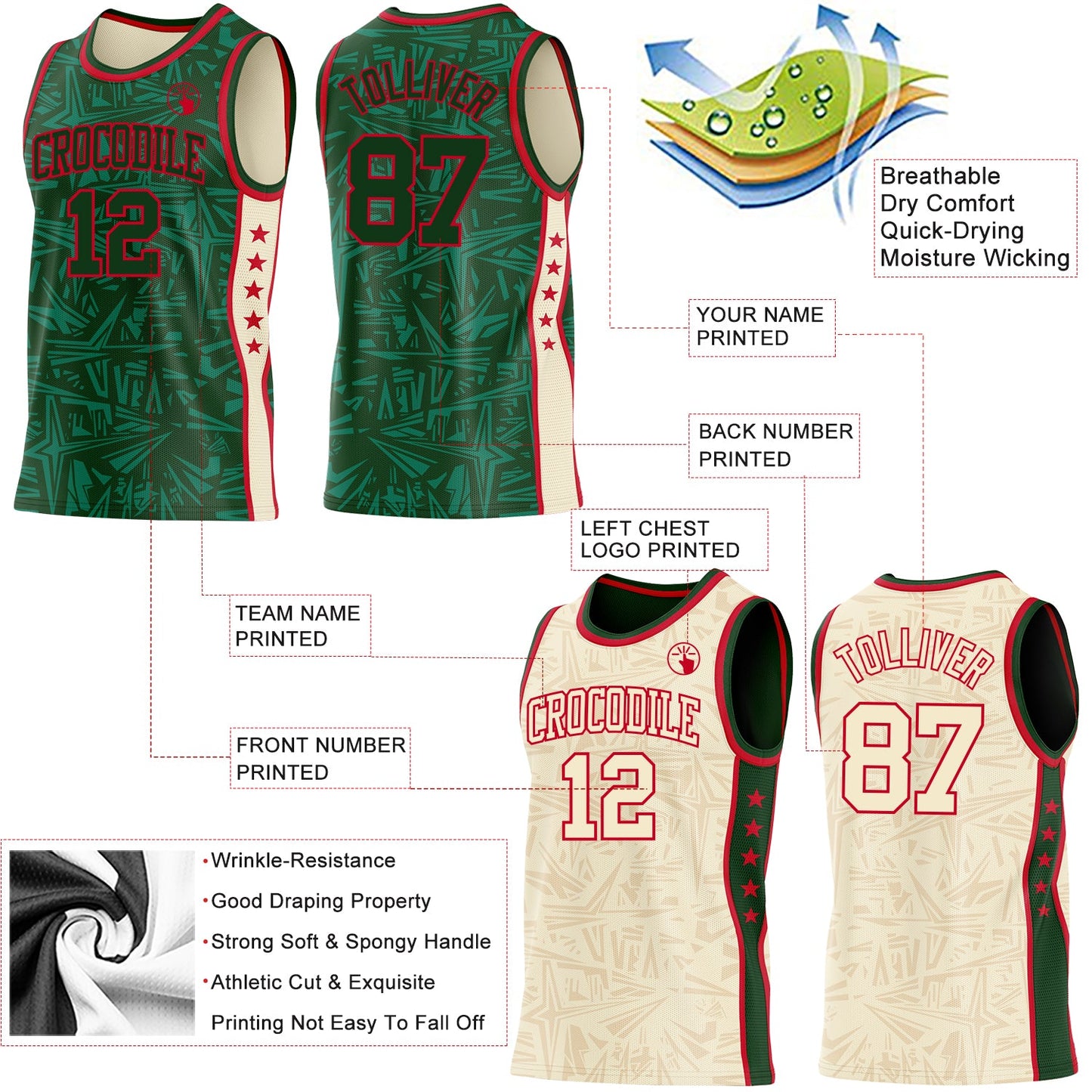 Custom Green Red-Cream Side Panel Stripe Stars Geometric Shatter Starburst Reversible Double Side Sublimation Basketball Set Jersey