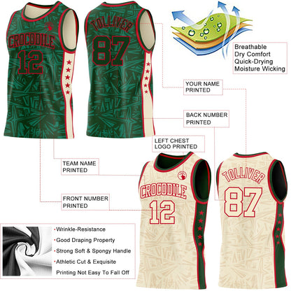 Custom Green Red-Cream Side Panel Stripe Stars Geometric Shatter Starburst Reversible Double Side Sublimation Basketball Set Jersey