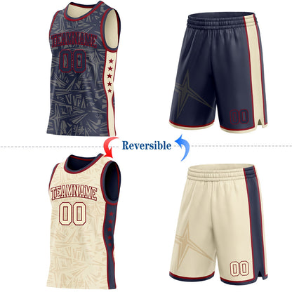 Custom Navy Maroon-Cream Side Panel Stripe Stars Geometric Shatter Starburst Reversible Double Side Sublimation Basketball Set Jersey