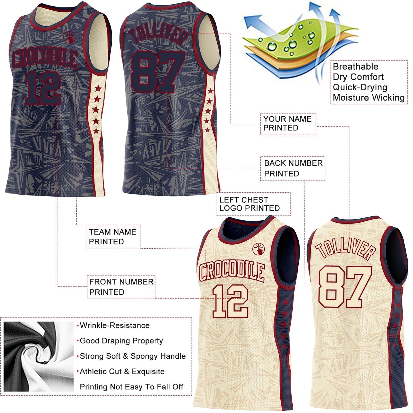 Custom Navy Maroon-Cream Side Panel Stripe Stars Geometric Shatter Starburst Reversible Double Side Sublimation Basketball Set Jersey