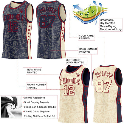 Custom Navy Maroon-Cream Side Panel Stripe Stars Geometric Shatter Starburst Reversible Double Side Sublimation Basketball Set Jersey