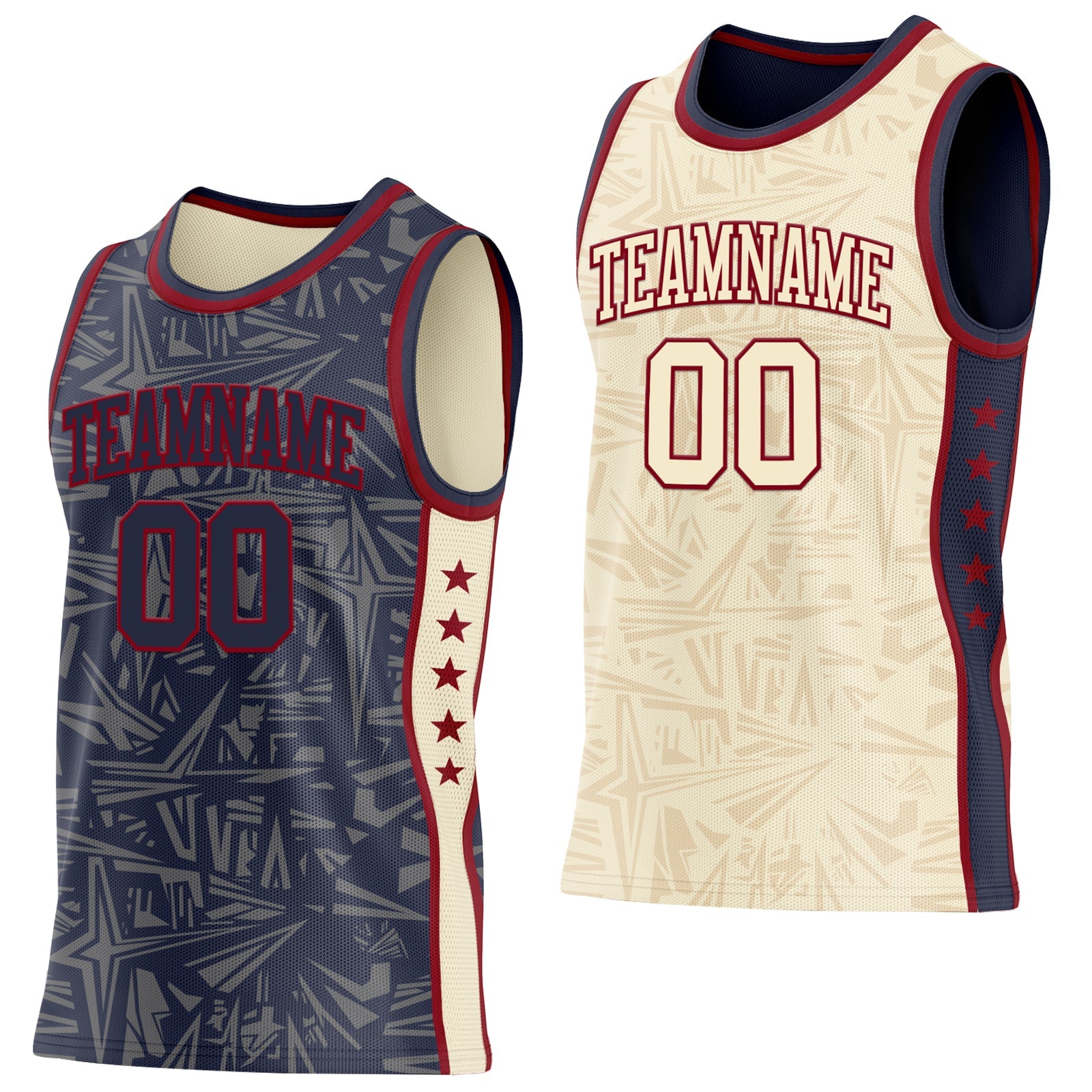 Custom Navy Maroon-Cream Side Panel Stripe Stars Geometric Shatter Starburst Reversible Double Side Sublimation Basketball Set Jersey