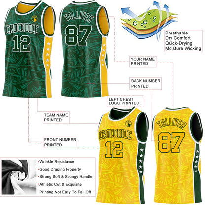 Custom Green White-Gold Side Panel Stripe Stars Geometric Shatter Starburst Reversible Double Side Sublimation Basketball Set Jersey