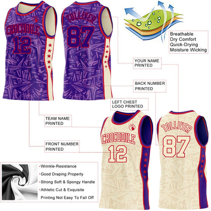Custom Purple Red-Cream Side Panel Stripe Stars Geometric Shatter Starburst Reversible Double Side Sublimation Basketball Set Jersey