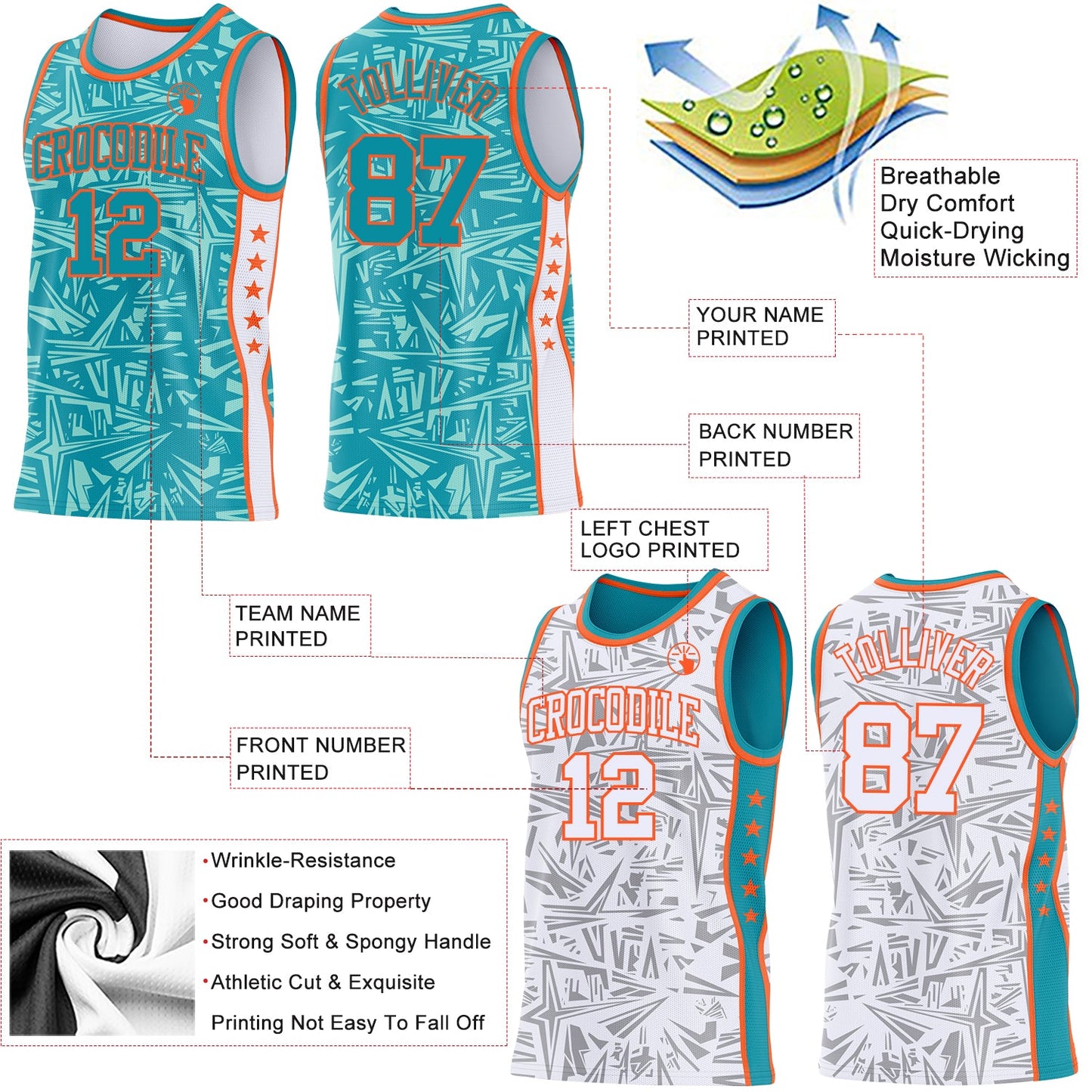 Custom Teal Orange-White Side Panel Stripe Stars Geometric Shatter Starburst Reversible Double Side Sublimation Basketball Set Jersey