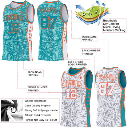 Custom Teal Orange-White Side Panel Stripe Stars Geometric Shatter Starburst Reversible Double Side Sublimation Basketball Set Jersey