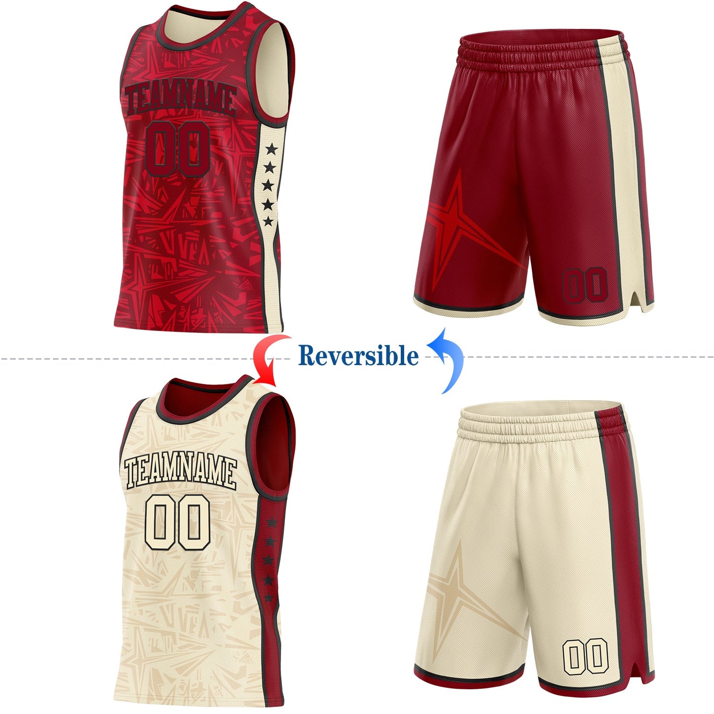 Custom Maroon Black-Cream Side Panel Stripe Stars Geometric Shatter Starburst Reversible Double Side Sublimation Basketball Set Jersey