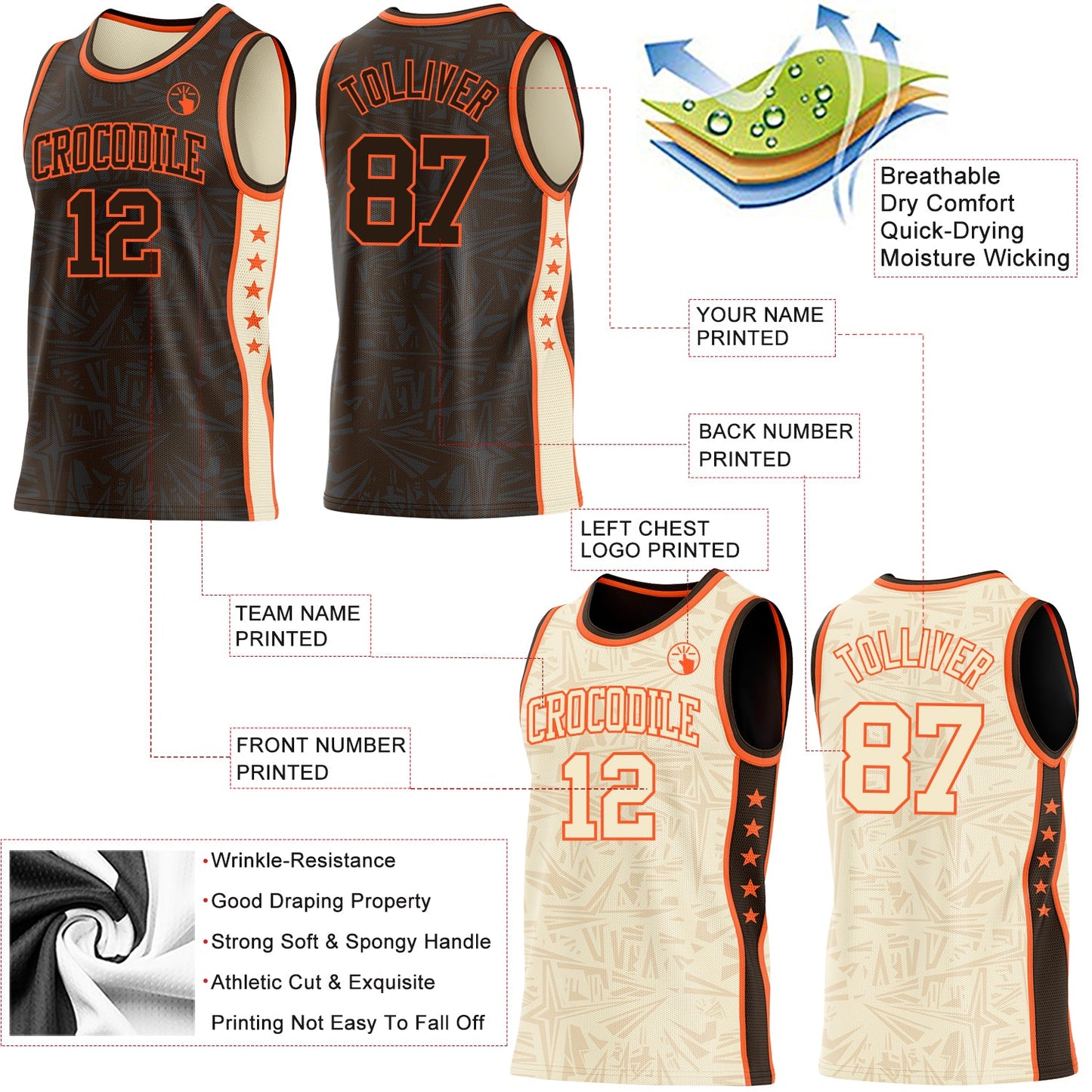 Custom Brown Orange-Cream Side Panel Stripe Stars Geometric Shatter Starburst Reversible Double Side Sublimation Basketball Set Jersey