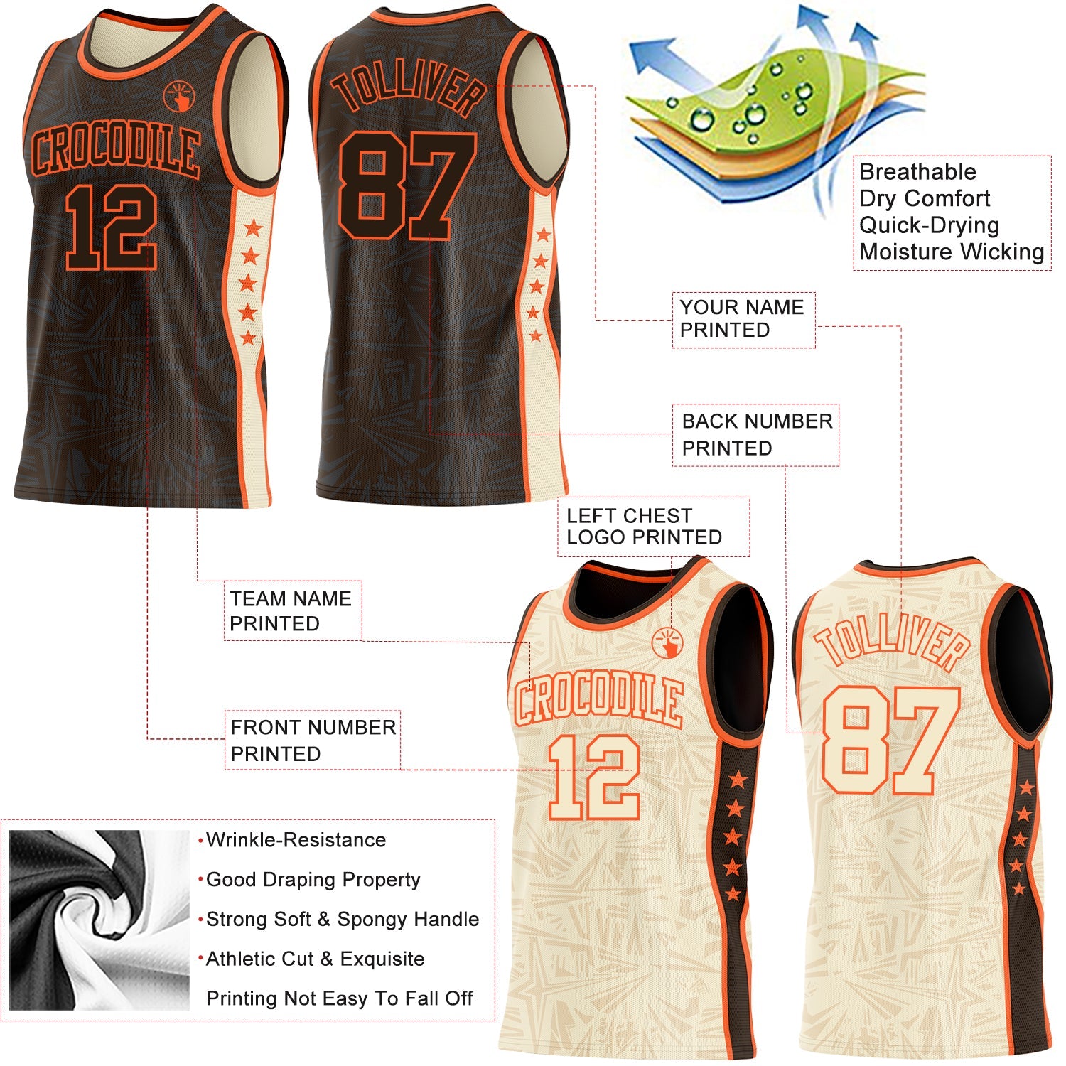 Custom Brown Orange-Cream Side Panel Stripe Stars Geometric Shatter Starburst Reversible Double Side Sublimation Basketball Set Jersey
