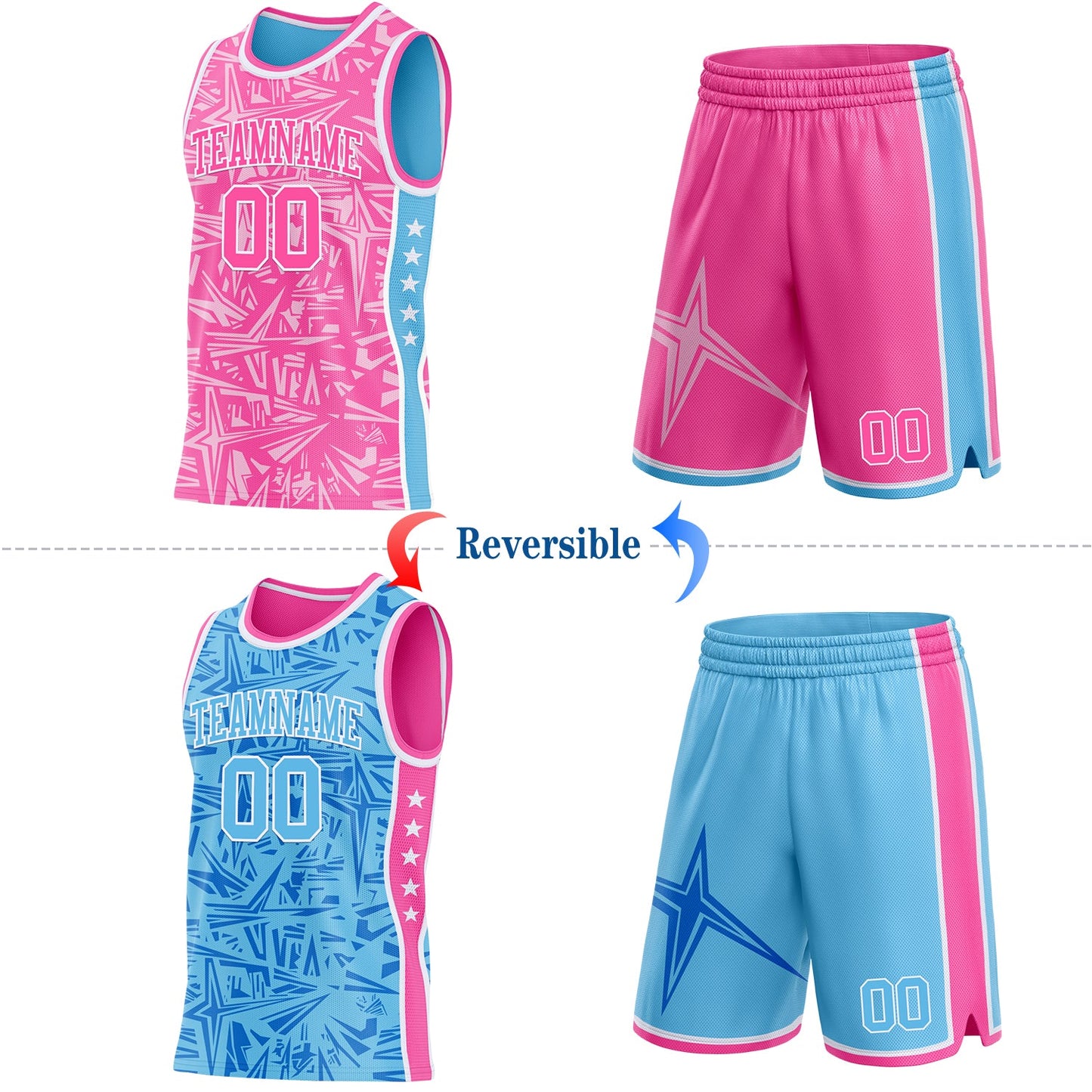 Custom Pink White-Sky Blue Side Panel Stripe Stars Geometric Shatter Starburst Reversible Double Side Sublimation Basketball Set Jersey