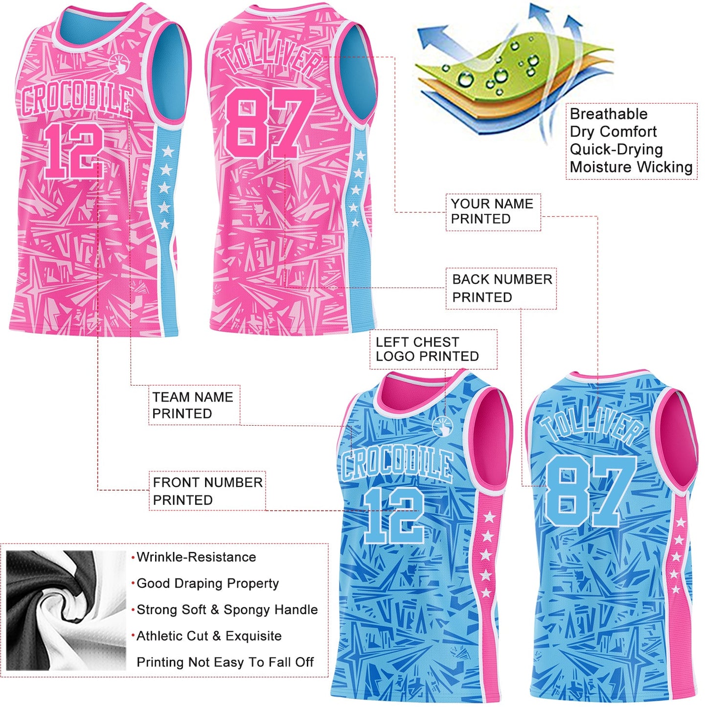 Custom Pink White-Sky Blue Side Panel Stripe Stars Geometric Shatter Starburst Reversible Double Side Sublimation Basketball Set Jersey
