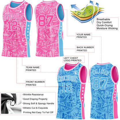 Custom Pink White-Sky Blue Side Panel Stripe Stars Geometric Shatter Starburst Reversible Double Side Sublimation Basketball Set Jersey