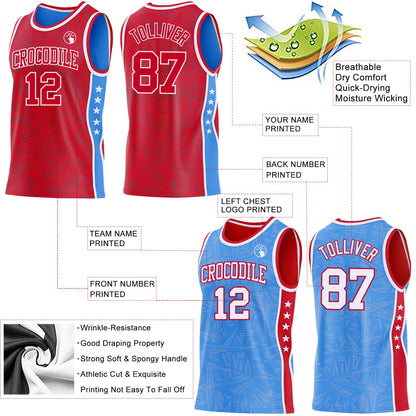 Custom Red White-Powder Blue Side Panel Stripe Stars Geometric Shatter Starburst Reversible Double Side Sublimation Basketball Set Jersey