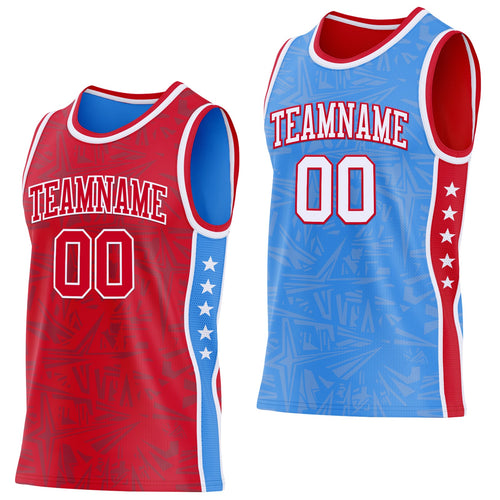 Custom Red White-Powder Blue Side Panel Stripe Stars Geometric Shatter Starburst Reversible Double Side Sublimation Basketball Set Jersey