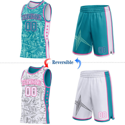Custom Teal Pink-White Side Panel Stripe Stars Geometric Shatter Starburst Reversible Double Side Sublimation Basketball Set Jersey