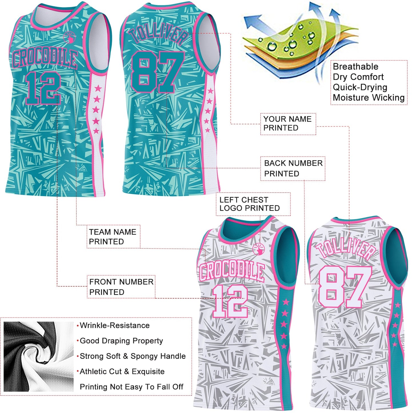 Custom Teal Pink-White Side Panel Stripe Stars Geometric Shatter Starburst Reversible Double Side Sublimation Basketball Set Jersey