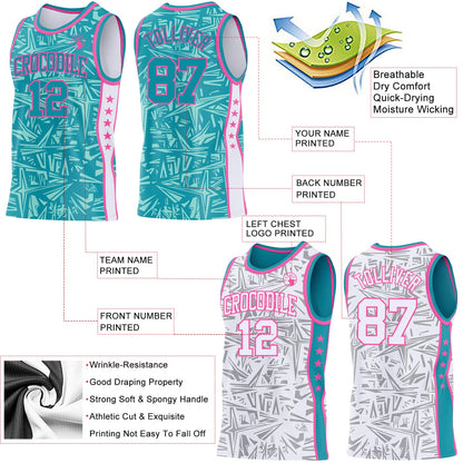 Custom Teal Pink-White Side Panel Stripe Stars Geometric Shatter Starburst Reversible Double Side Sublimation Basketball Set Jersey