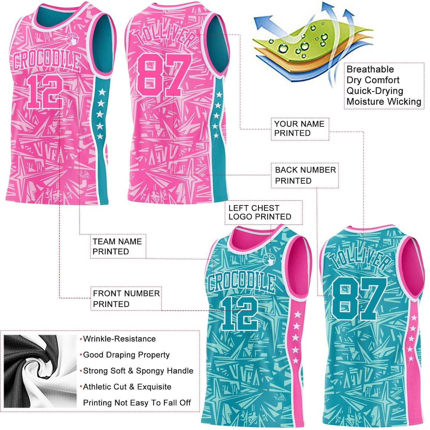 Custom Pink White-Teal Side Panel Stripe Stars Geometric Shatter Starburst Reversible Double Side Sublimation Basketball Set Jersey