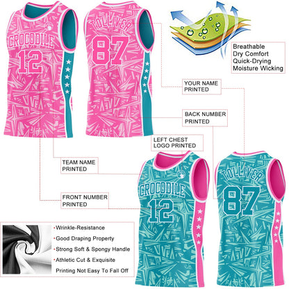 Custom Pink White-Teal Side Panel Stripe Stars Geometric Shatter Starburst Reversible Double Side Sublimation Basketball Set Jersey